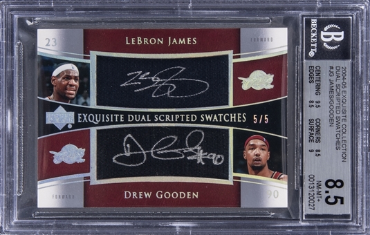 2004-05 UD "Exquisite Collection" Dual Scripted Swatches #JG LeBron James/Drew Gooden Dual Signed Patch Card (#5/5) - BGS NM-MT+ 8.5/BGS 10